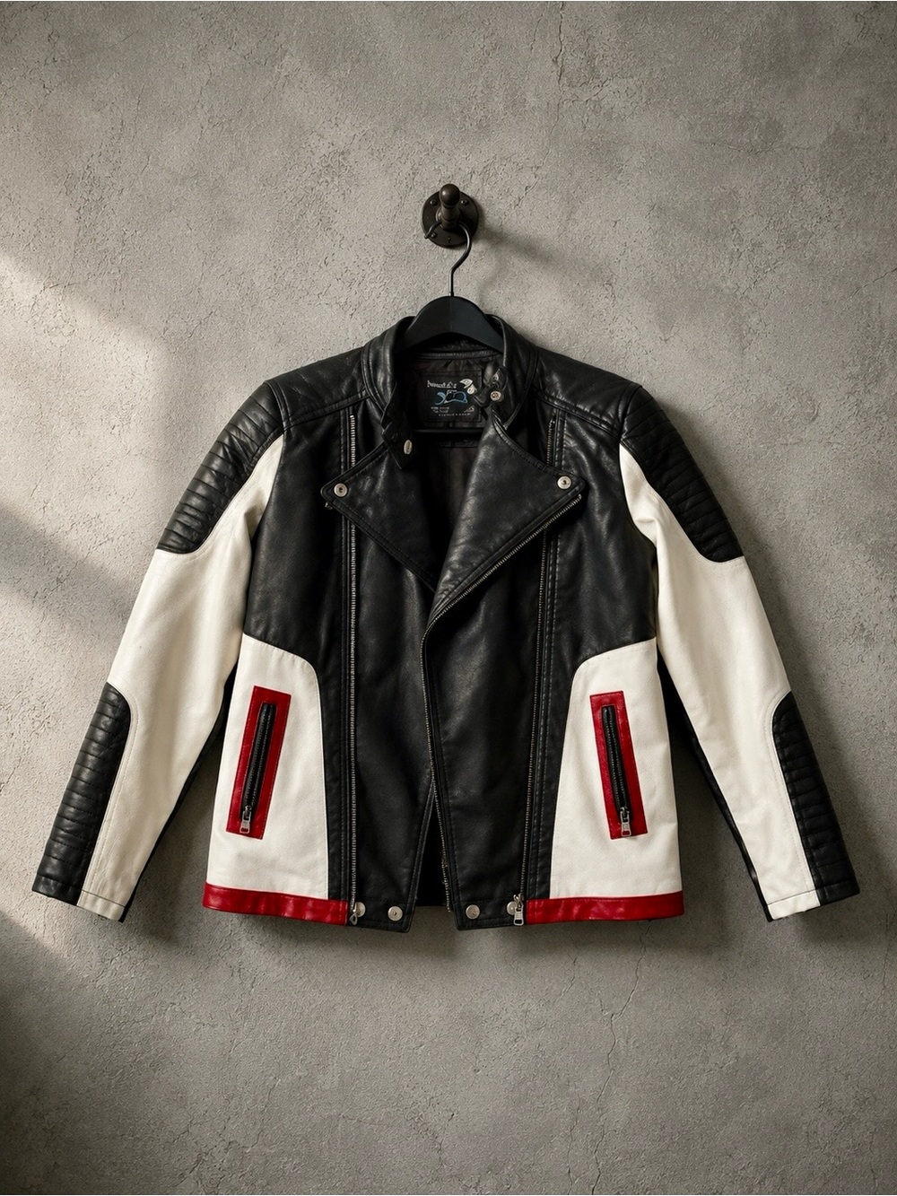 Boys’ Black & White Contrast Faux Leather Moto Jacket with Red Accents. - Picture 1 of 2